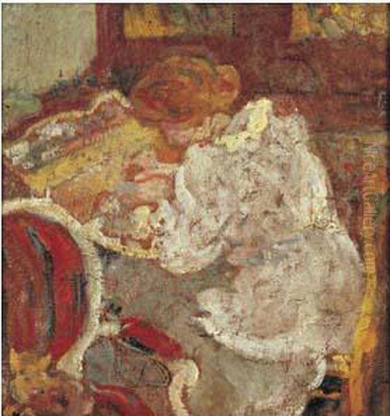Femme A La Robe Blanche Faisant De La Tapisserie Oil Painting by Louis Valtat