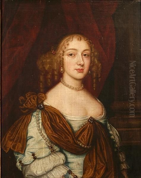 A Portrait Of A Young Lady 
Wearing A White Gown, Red Sash And Pearls Before A Red Curtain Oil Painting by Sir Anthony Van Dyck