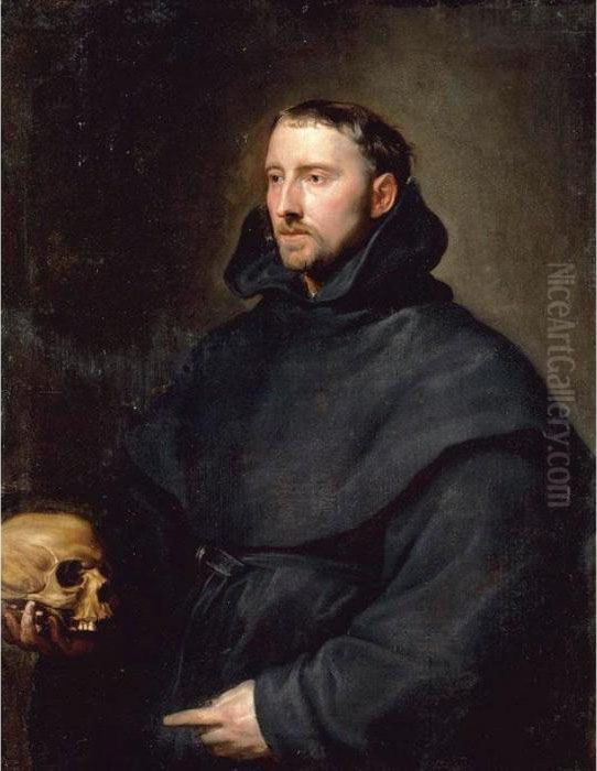 Portrait Of A Monk Of The Benedictine Order, Holding A Skull Oil Painting by Sir Anthony Van Dyck