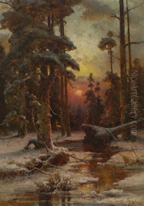 Winterlicher Waldbach Im
 Abendlicht. Oil Painting by Iulii Iul'evich (Julius) Klever