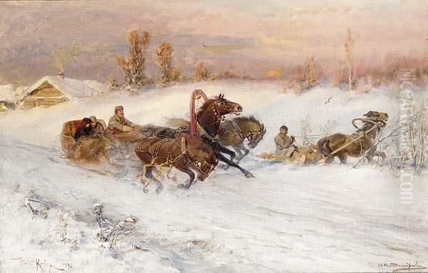 Alexeevich Vladimirov Russian 
(#) A Russian Winterlandscape With Troyka Blocking A Peasants Way Oil Painting by Iulii Iul'evich (Julius) Klever