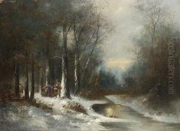 Reisigsammler Im Verschneiten
 Winterwald. Oil Painting by Iulii Iul'evich (Julius) Klever