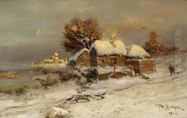Russisches Dorf In
 Winterlandschaft Oil Painting by Iulii Iul'evich (Julius) Klever