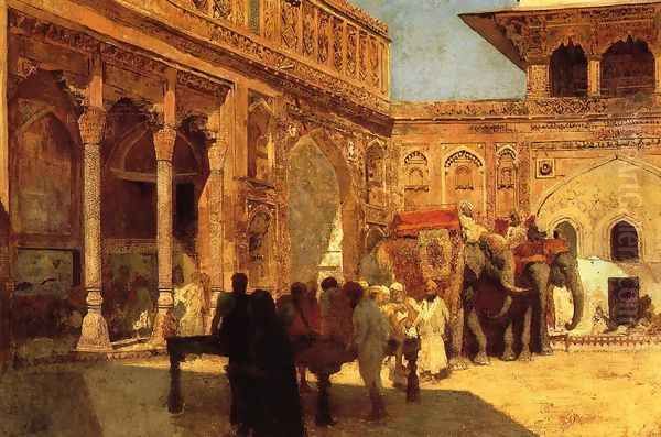 Elephants And Figures In A Courtyard Fort Agra Oil Painting by Edwin Lord Weeks