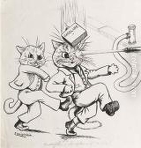 'everything Happens At Once': Cats Fighting At A Petrolstation Oil Painting by Louis Wain