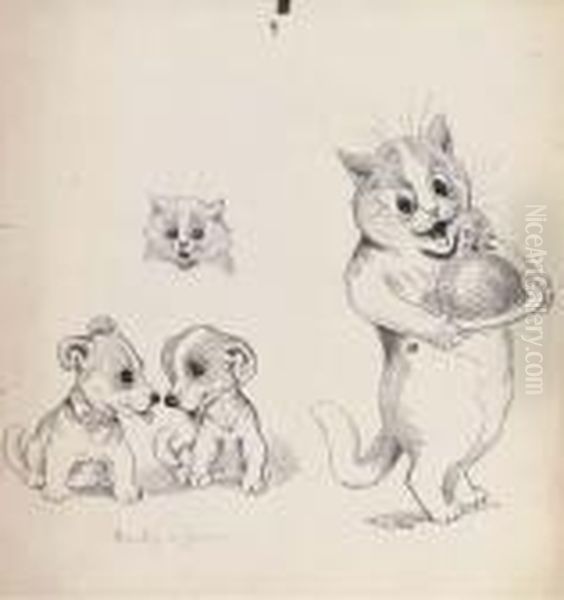 A Cat Carrying A Christmas Pudding Oil Painting by Louis Wain