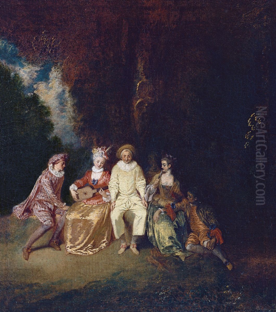 Pierrot Content Oil Painting by Jean-Antoine Watteau