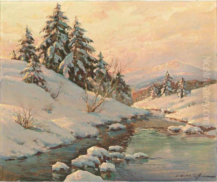 Winter Landscape With Golden Sunlight Oil Painting by Constantin Alexandr. Westchiloff