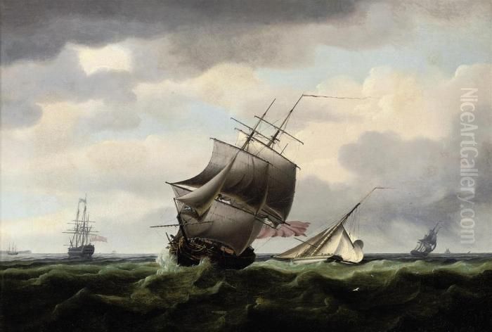 A Royal Naval Frigate Running 
Down The Channel With A Cuttershortening Sail Off Her Stern And A Large 
Man-o'war Anchored Offthe North Foreland Oil Painting by Thomas Whitcombe