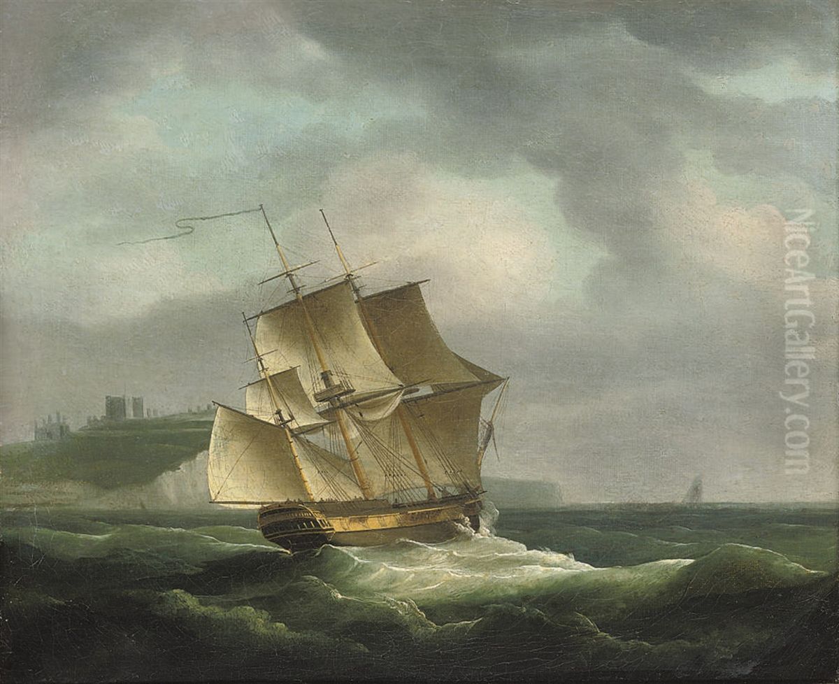 A Three-masted Merchantman Beating Her Way Up The Channel Past Dover Castle Oil Painting by Thomas Whitcombe