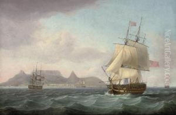 View Of Cape Town, Table Bay, 
Cape Of Good Hope, With A Seventy-four Gun Ship Lying-to For Convoy Oil Painting by Thomas Whitcombe