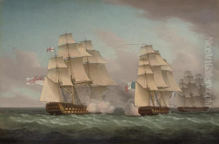 Venerable
 Exchanging Fire With The French Frigate 
Alcmene Oil Painting by Thomas Whitcombe