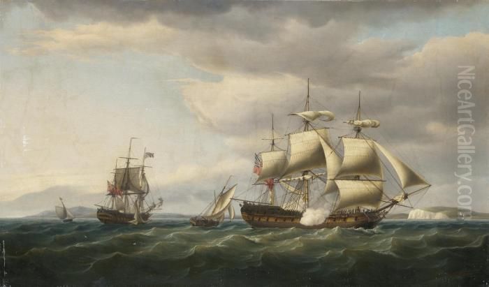 The East Indiaman Rodney In Two 
Positions Off The English Coast,firing A Salute To Mark Her Safe Return 
From Bengal In August,1788 Oil Painting by Thomas Whitcombe
