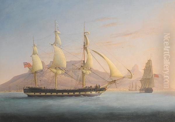 A Three Masted East Indiaman Crossing Table Bay Oil Painting by Thomas Whitcombe