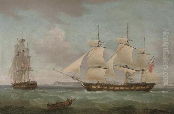 An East Indiaman In Two 
Positions Off Dover, With The Pilot Cutter Approaching Off Her Starboard
 Bow Oil Painting by Thomas Whitcombe