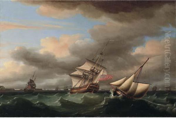 H.m.s. Crown And Her Squadron 
Running Up The Channel Towards Dealwhere Other Ships Of The Fleet Are 
Anchored Offshore Oil Painting by Thomas Whitcombe