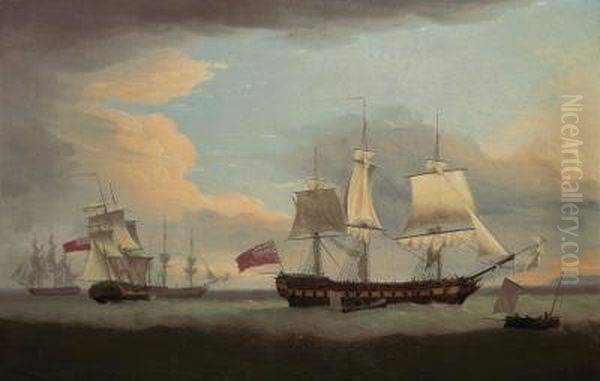 The East Indiaman Hindostan In 
Company With Indian Trader, Ewretta And Nancy, Ships Employed In The 
Canada Trade Oil Painting by Thomas Whitcombe