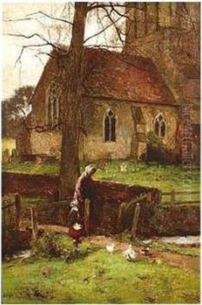 The Bridge Next To The Church, 
Signed And Dated 1877, Oil On Canvas, 91 X 61 Cm.; 35 3/4 X 24 In Oil Painting by John White