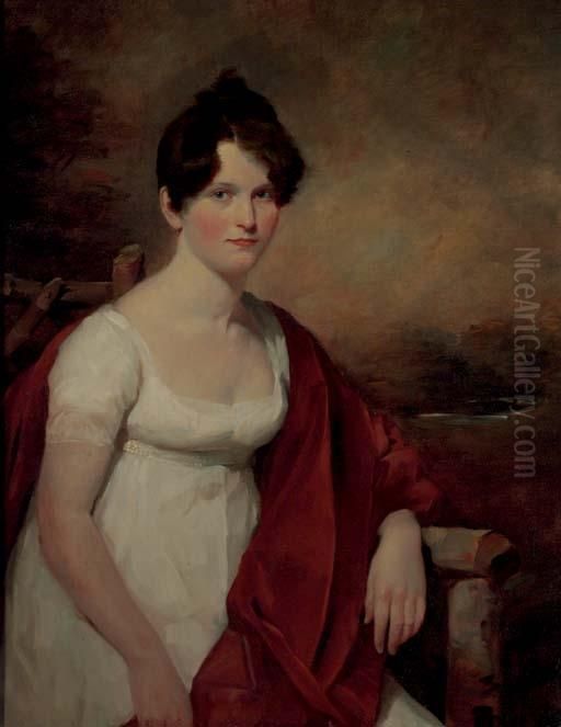 Portrait Of Mrs. Catherine Deas 
(nee Low), Three-quarter Length, In A White Empire Gown And Red Velvet 
Shawl, A Landscape Beyond Oil Painting by Sir David Wilkie
