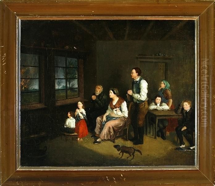 An Interior From The 
Frisian-german Island Fohr With A Praying Family Watching A Fire Through
 The Window Oil Painting by Sir David Wilkie