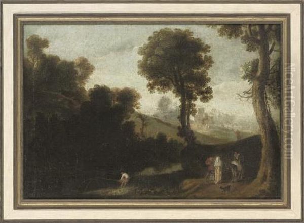 A Wooded River Landscape With An
 Angler In The Foreground, And Figures Conversing On A Path Oil Painting by Richard Wilson
