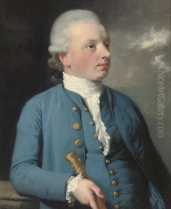 Portrait Of A Gentleman, 
Half-length, In A Blue Coat And Waistcoat, A Cane In His Right Hand Oil Painting by Josepf Wright Of Derby