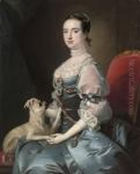 Portrait Of A Lady, 
Three-quarter-length, Seated In A Blue Satinjewelled Dress With Lace 
Sleeves And Collar, With A Pug Dog Oil Painting by Josepf Wright Of Derby