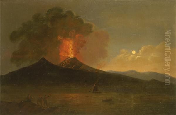 Vesuvius In Eruption, The Bay Of
 Naples By Moonlight, With Fishingboats, Figures Watching From The Shore Oil Painting by Josepf Wright Of Derby