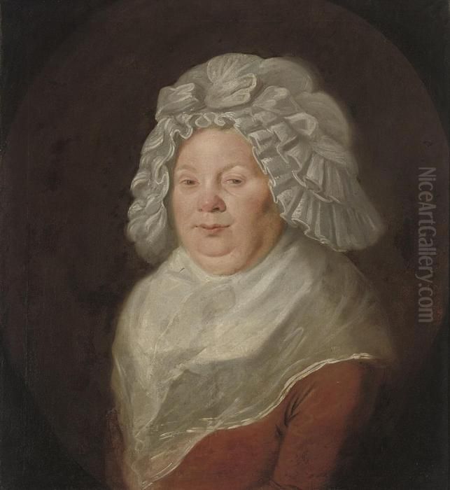 Portrait Of The Cook At The Bell
 Inn, Derby, Bust-length, In A Reddress With A White Collar And Cap, 
Feigned Oval Oil Painting by Josepf Wright Of Derby