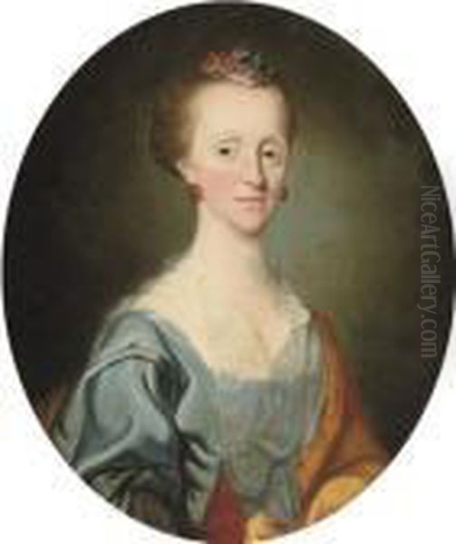Portrait Of A Lady, C.1760, 
Bust-length, In A Blue Dress And Lace Fichou, With A Yellow Wrap And A 
Floral Hair-piece Oil Painting by Josepf Wright Of Derby