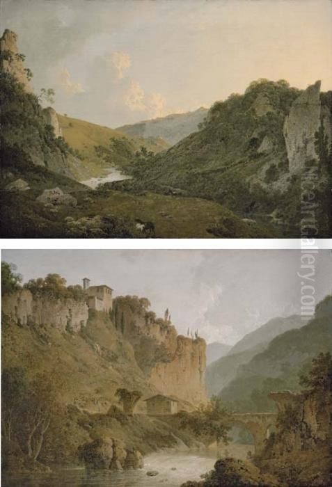 View In Dovedale, Derbyshire; 
And View Of The Convent Of San Cosimato And Part Of The Claudian 
Aquaduct Near Vicovaro In The Roman Campagna Oil Painting by Josepf Wright Of Derby