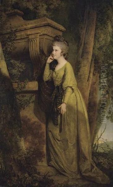 Portrait Of Dorothy Gell 
(1758-1808), Of Hopton, Full-length, In A Green Dress, Leaning Against A
 Sarcophagus, In A Landscape Oil Painting by Josepf Wright Of Derby