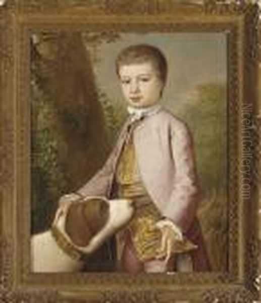 Portrait Of A Boy, 
Three-quarter-length, In A Pink Coat And Breeches, Resting His Hand On A
 Dog, Before A Wheat Field Oil Painting by Josepf Wright Of Derby