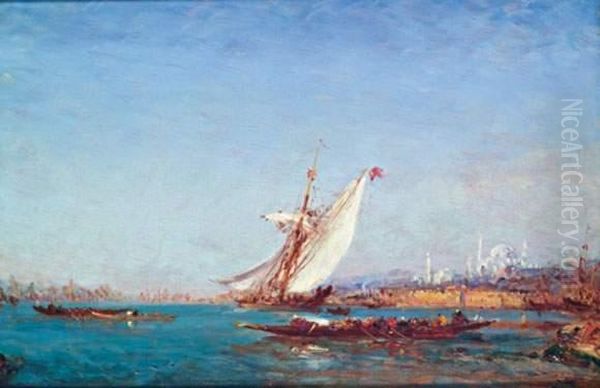 Voilier Et Regates Sur Le Bosphore
 Huile Sur Panneau, Signee En Bas A Droite Oil Painting by Felix Ziem