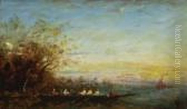 Ruderboot Am Flussufer Bei
 Konstantinopel. Oil Painting by Felix Ziem