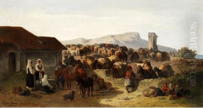 Maultierkarawane Auf Einem Hugeligen Rastplatz Oil Painting by Eugen Adam