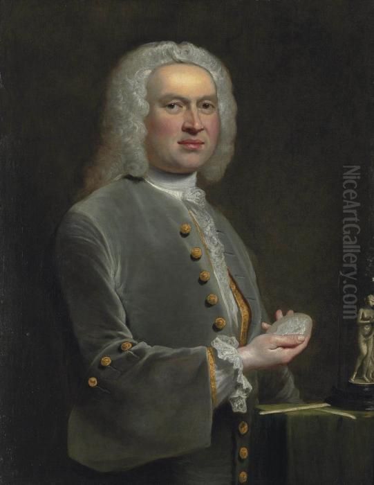 Portrait Of A Sculptor, 
Half-length, In A Grey Coat With Gold Buttons And A Lace Shirt, Holding A
 Medallion Oil Painting by Alexandre Joseph Alexandrovitch