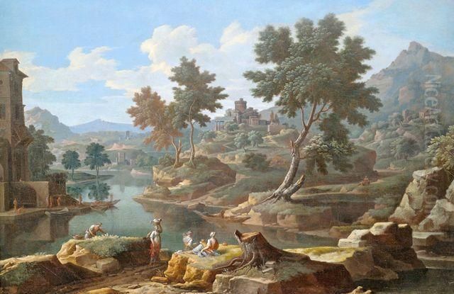 Weite Italienische 
Flusslandschaft Mit Architektur, Im Vordergrund Figurenstaffage Mit 
Wascherinnen Oil Painting by Etienne Allegrain