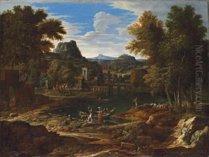 An Extensive Classical Landscape
 With Figures Unloading A Boat On A River, A Flock Of Sheep, A Villa And
 Hills Beyond Oil Painting by Etienne Allegrain