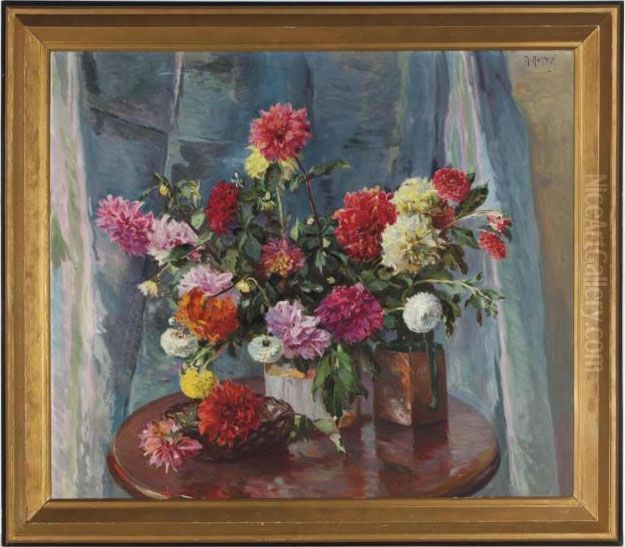 Still Life Of Dahlias In A Vase On A Table Oil Painting by Mathias (Joseph) Alten