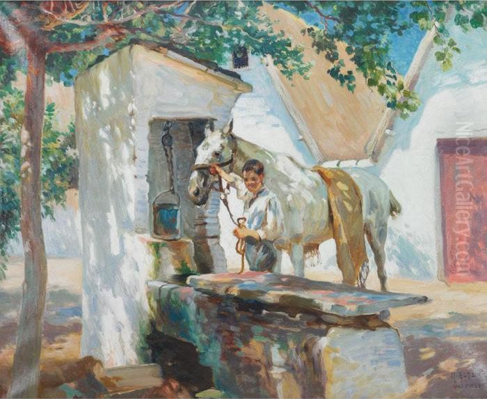 Boy And His Horse At Valencia, 1922 Oil Painting by Mathias (Joseph) Alten