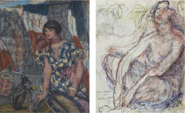 Femme Assise Au Singe Oil Painting by Edmond-Francois Aman-Jean