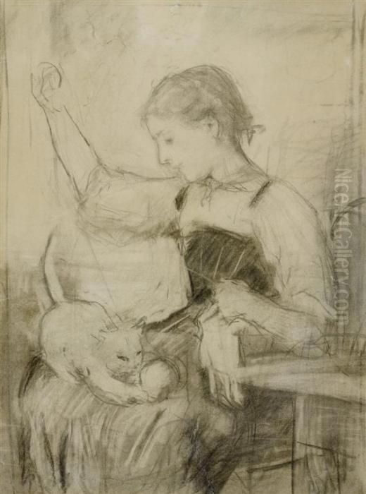 Madchen Mit Einer Katze Spielend Oil Painting by Albert Anker