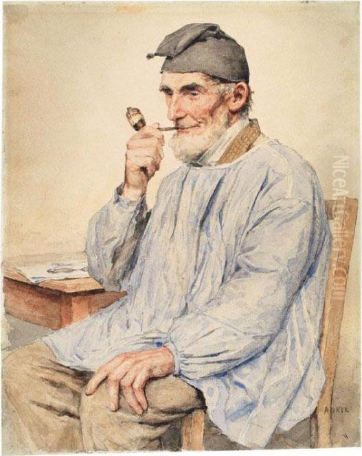 Sitzender Bauer Mit Pfeife Oil Painting by Albert Anker