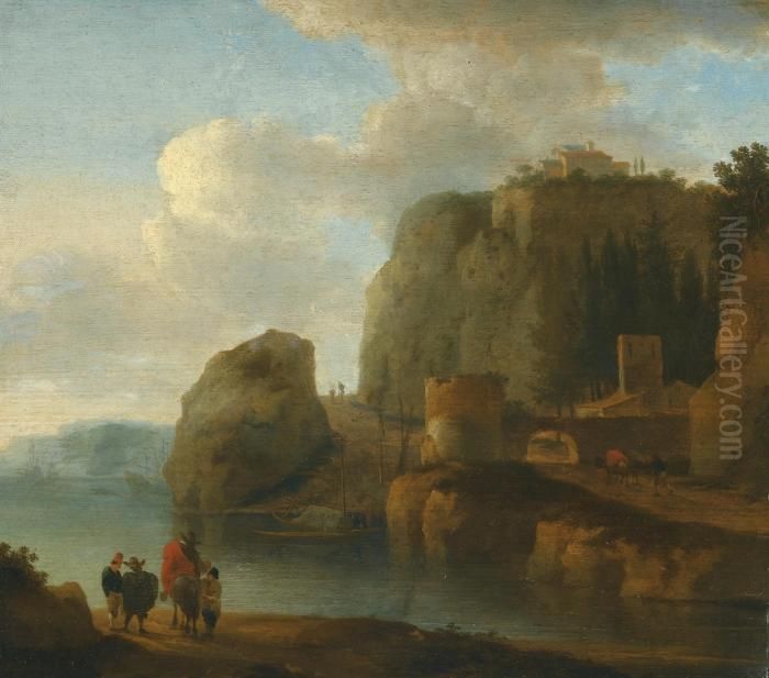 A Rocky River Landscape With Travellers In The Foreground And Ships Beyond Oil Painting by Jan Asselyn