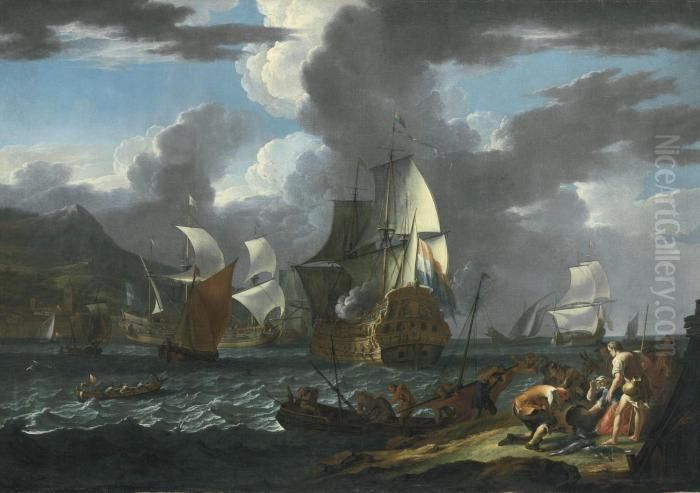 A Capriccio: The Flagship 
Saluting Her Arrival At A Mediterranean Port Amidst Other Shipping Oil Painting by Ludolf Bakhuyzen