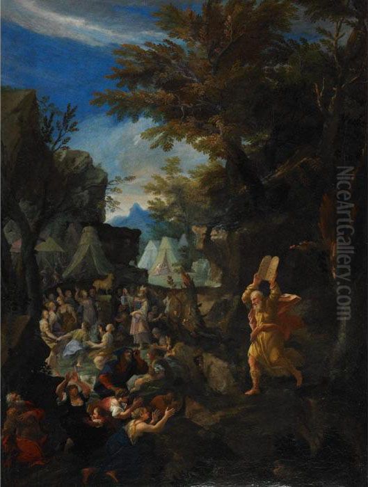 Moses Breaks The Tablets Of The 
Law After Coming Down Mount Sinai Finding The Children Of Israel 
Worshipping The Golden Calf And Rejoicing In The Spring Issuing From 
Rocks At An Encampment Oil Painting by Hendrick Balen