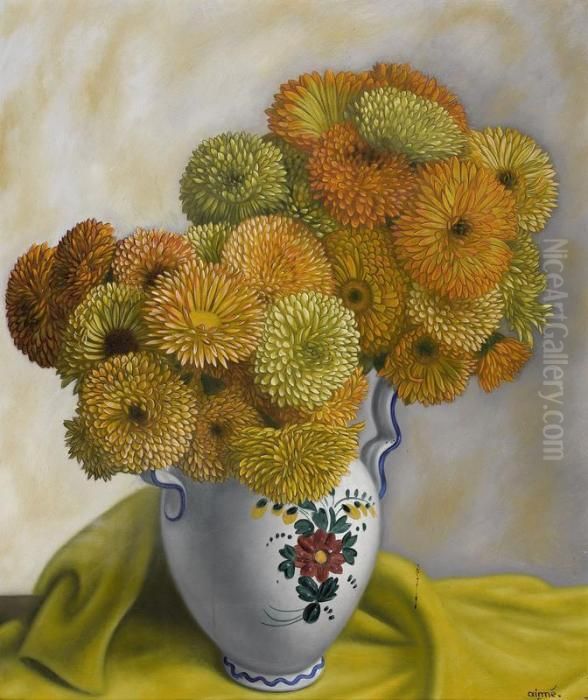 Stillleben Mit Chrysanthemen In Grosser Henkelvase Oil Painting by Aime Barraud