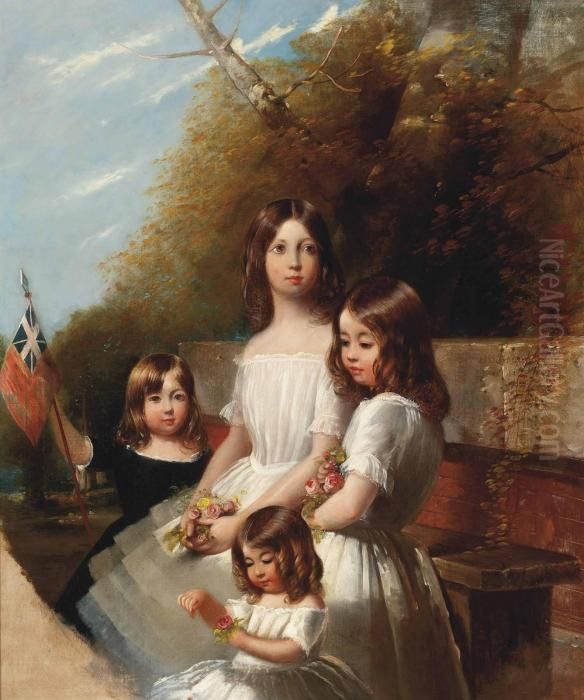 Group Portrait Of Four Children In A Landscape, Holding Flowers And A Flag Oil Painting by Henry Barraud