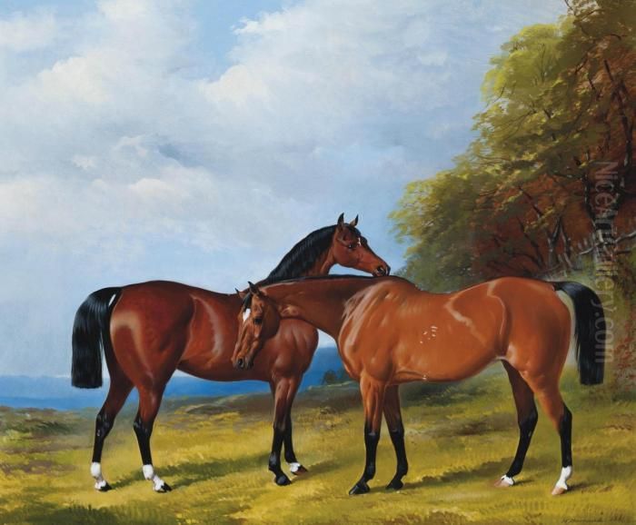 Chestnut Hunters In An Extensive Landscape Oil Painting by Henry Barraud